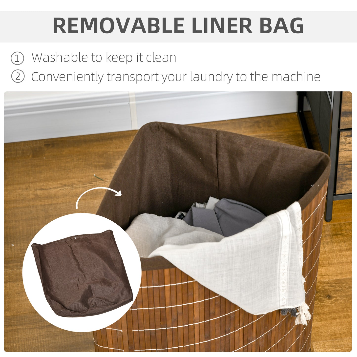 HOMCOM Bamboo Laundry Basket with Lid, 55 Litres Laundry Hamper with Removable Washable Lining,  Corner Washing Baskets, 38 x 38 x 57cm, Brown