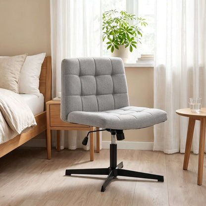 HOMCOM Armless Office Chair, Cross Legged Linen Computer Desk Vanity Chair with Wide Seat, Rocking Function, Grey
