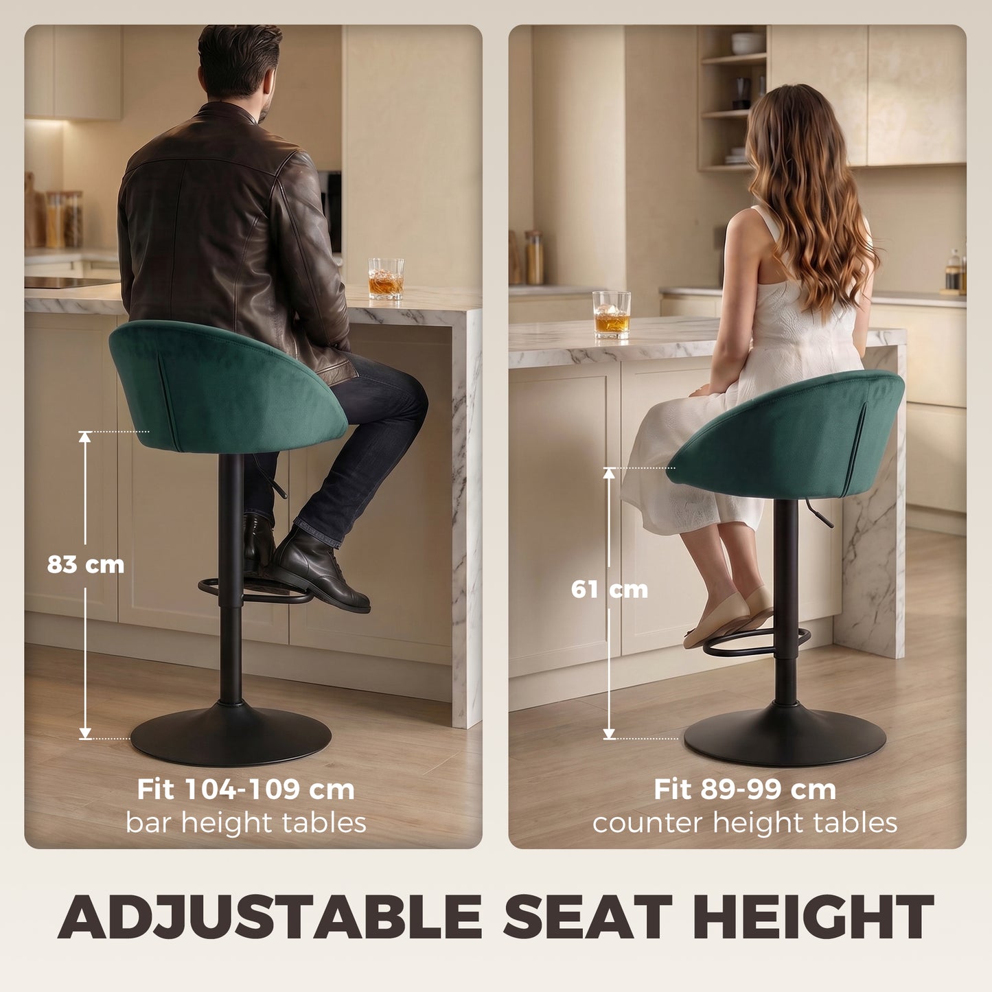 HOMCOM Bar Stools Set of 2 Adjustable Swivel Velvet Breakfast Bar Stools with Backrest, Dark Green