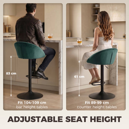 HOMCOM Bar Stools Set of 2 Adjustable Swivel Velvet Breakfast Bar Stools with Backrest, Dark Green