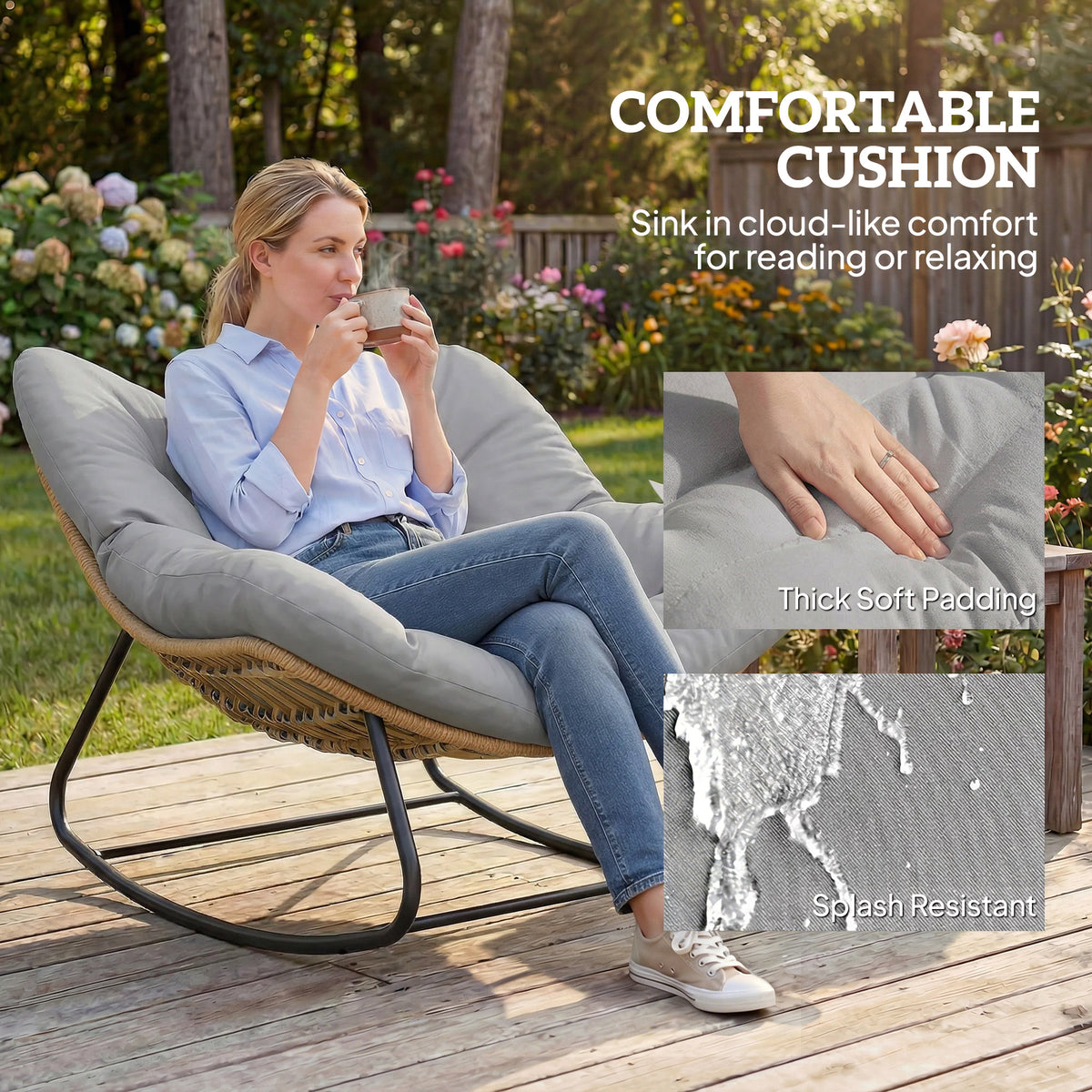 Outsunny Indoor Outdoor Rocking Chair, Oversized Rocking Egg Chair with Cushion for Living Room, Garden, Patio, Light Grey-Rocking Chairs-ChewyGames-ChewyGames