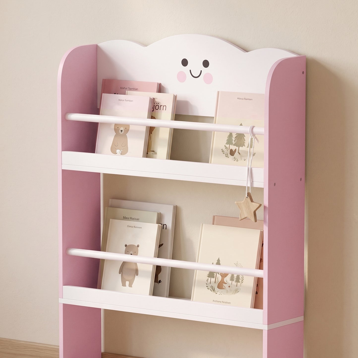 AIYAPLAY 4 Tier Kids Bookshelf, Wall-Mounted Children Bookcase, Toddler Space-Saving Bookcase for Kids Room, Playroom, Pink