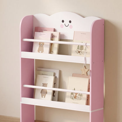 AIYAPLAY 4 Tier Kids Bookshelf, Wall-Mounted Children Bookcase, Toddler Space-Saving Bookcase for Kids Room, Playroom, Pink
