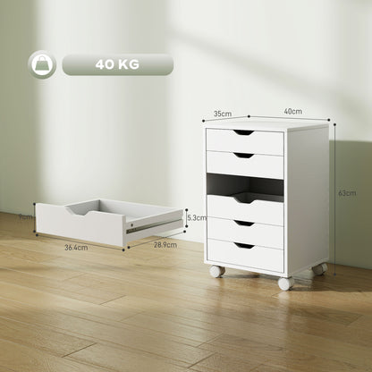 HOMCOM 6 Drawer Vertical File Cabinet, Mobile Filing Cabinet with Quiet Drawers and Wheels with 2 Brakes, White