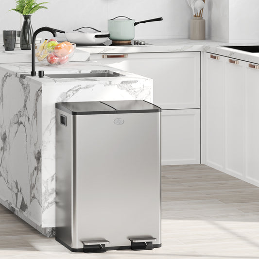 HOMCOM 56L Dual Compartment Stainless Steel Bin, with Deodoriser Holders - Silver Tone