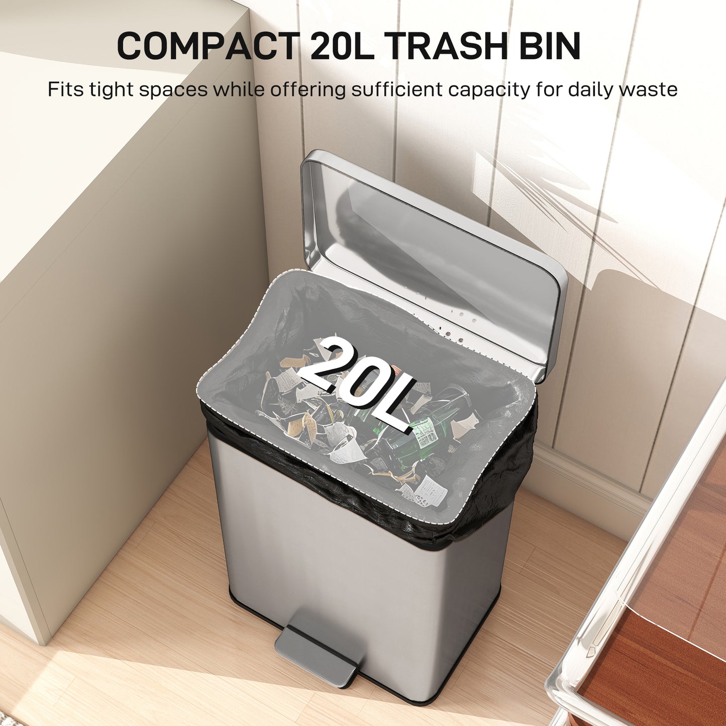 HOMCOM 20L Kitchen Bin with Soft-Close Lid and Stay-Open Function, Stainless Steel Pedal Bin with Removable Inner Bucket for Kitchen, Office, Home, Silver Tone