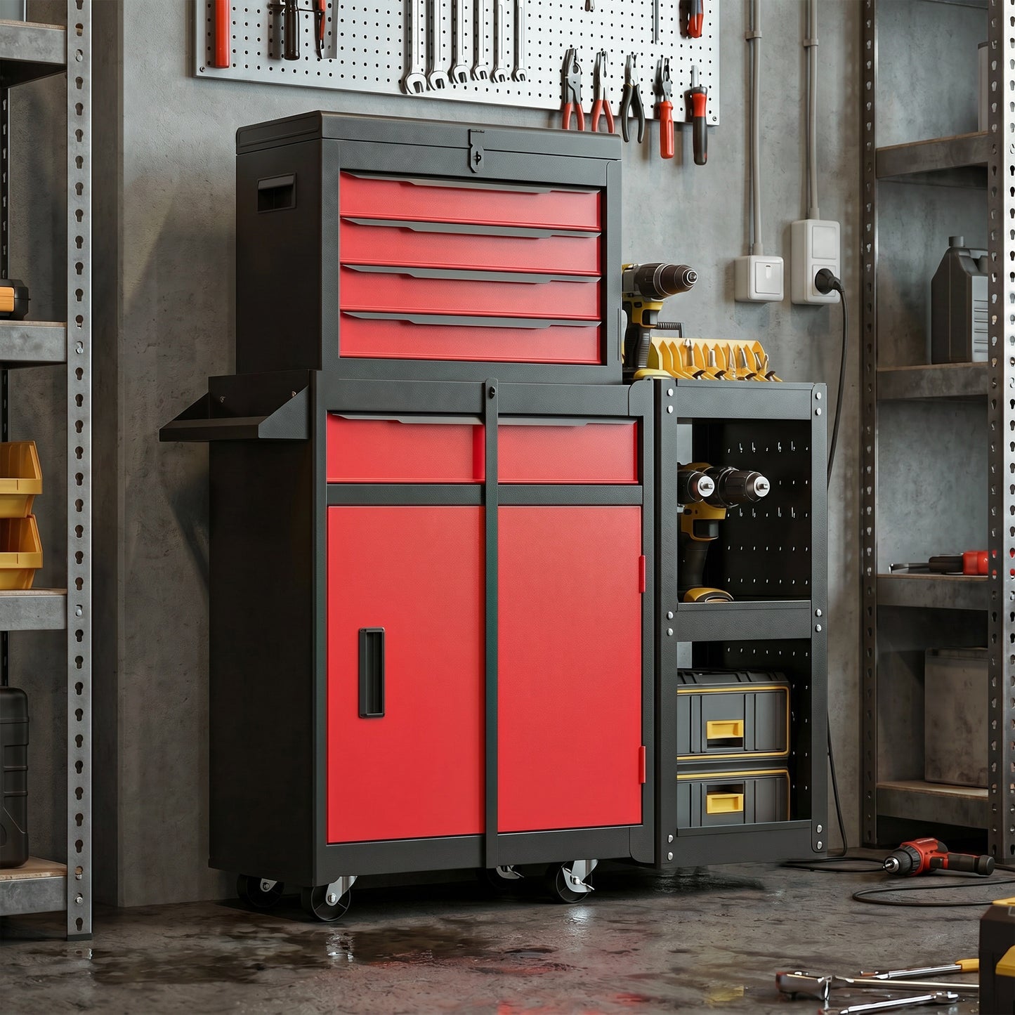 HOMCOM Tool Chest, Mobile Modular Tool Box with 5 Drawers, Side Rack, Pegboard, Lock, Tool Cabinet for Garage Workshop, Red