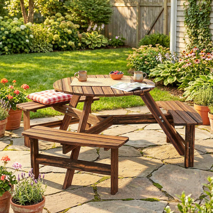 Outsunny Wooden Garden Dining Set, 6 Seater Round Dining Picnic Table with Matching Bench, Garden Furniture Set with Parasol Hole for Outdoor Patio Party and Family Gatherings, Carbonized
