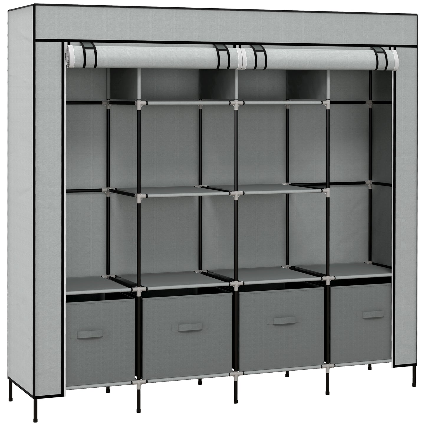 HOMCOM Fabric Wardrobe for Bedroom, Portable Cloth Wardrobe with 10 Compartments, 2 Hanging Rails and 4 Fabric Drawers, 166 x 42.5 x 169.5cm, Dark Grey