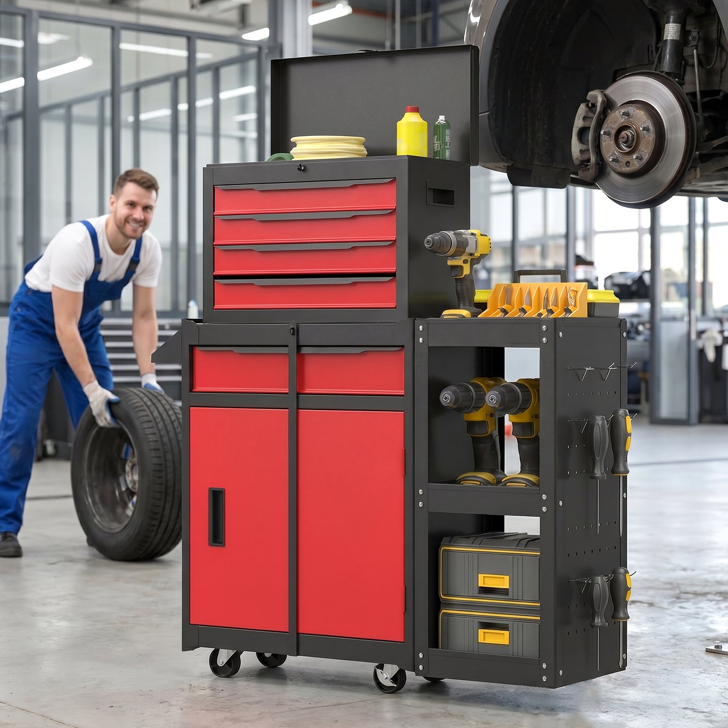 HOMCOM Tool Chest, Mobile Modular Tool Box with 5 Drawers, Side Rack, Pegboard, Lock, Tool Cabinet for Garage Workshop, Red