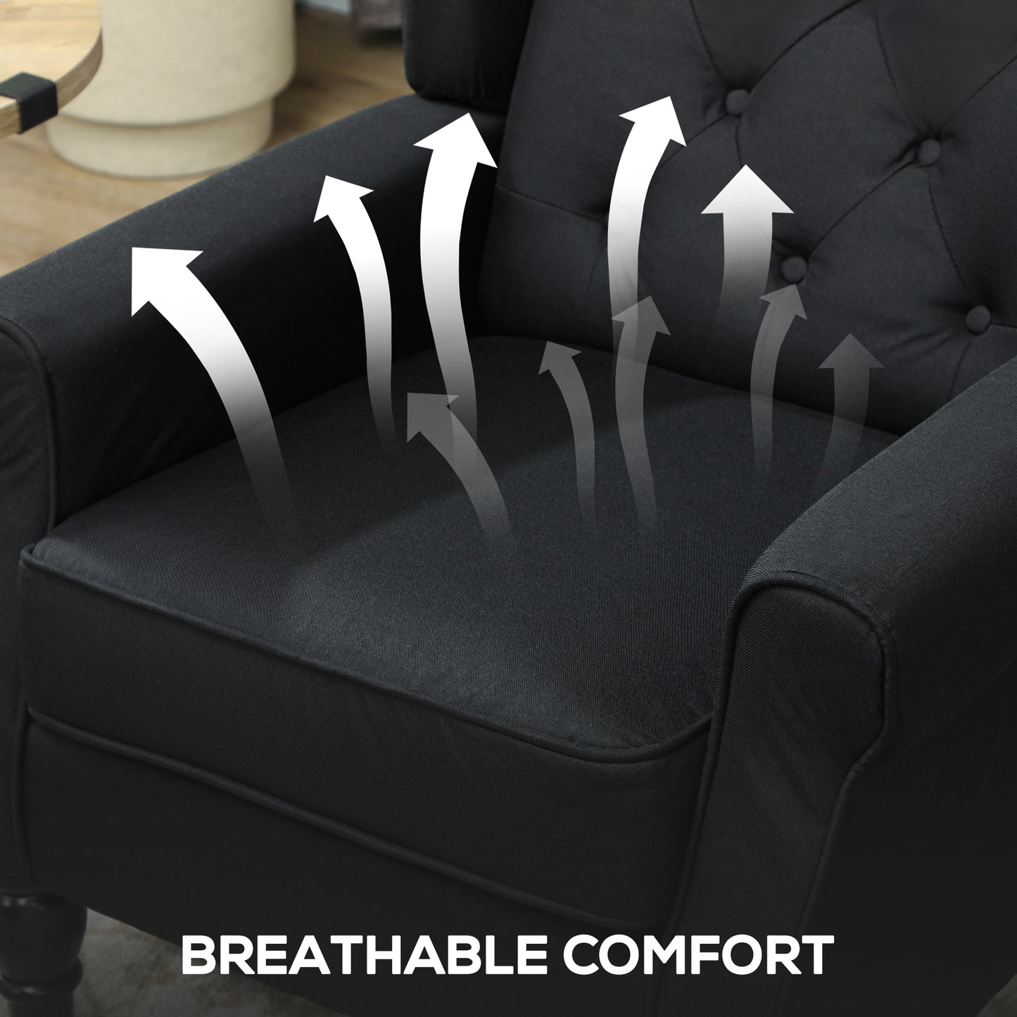 HOMCOM Wingback Accent Chair, Faux Linen Armchair with Thick Spring Cushion, High Back, Solid Wood Legs, Retro Button Tufted Reading Chair for Living Room, Bedroom, Black
