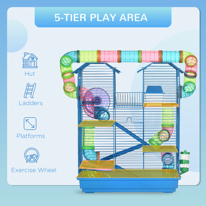 PawHut Hamster Cage, 5 Tier Carrier Habitat with Exercise Wheels Tunnel Tube Water Bottle Dishes House Ladder, Gerbil Cage for Dwarf Mice, Blue