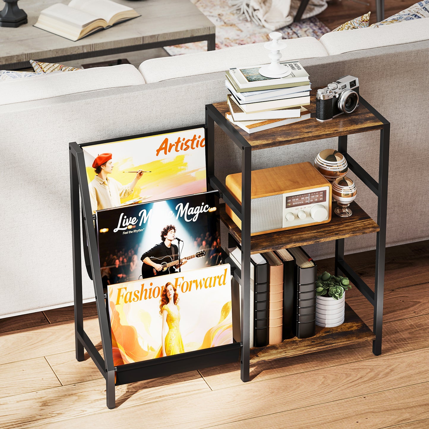 HOMCOM 3-Tier Record Player Stand, End Table for Living Room, Bedroom - Rustic Brown