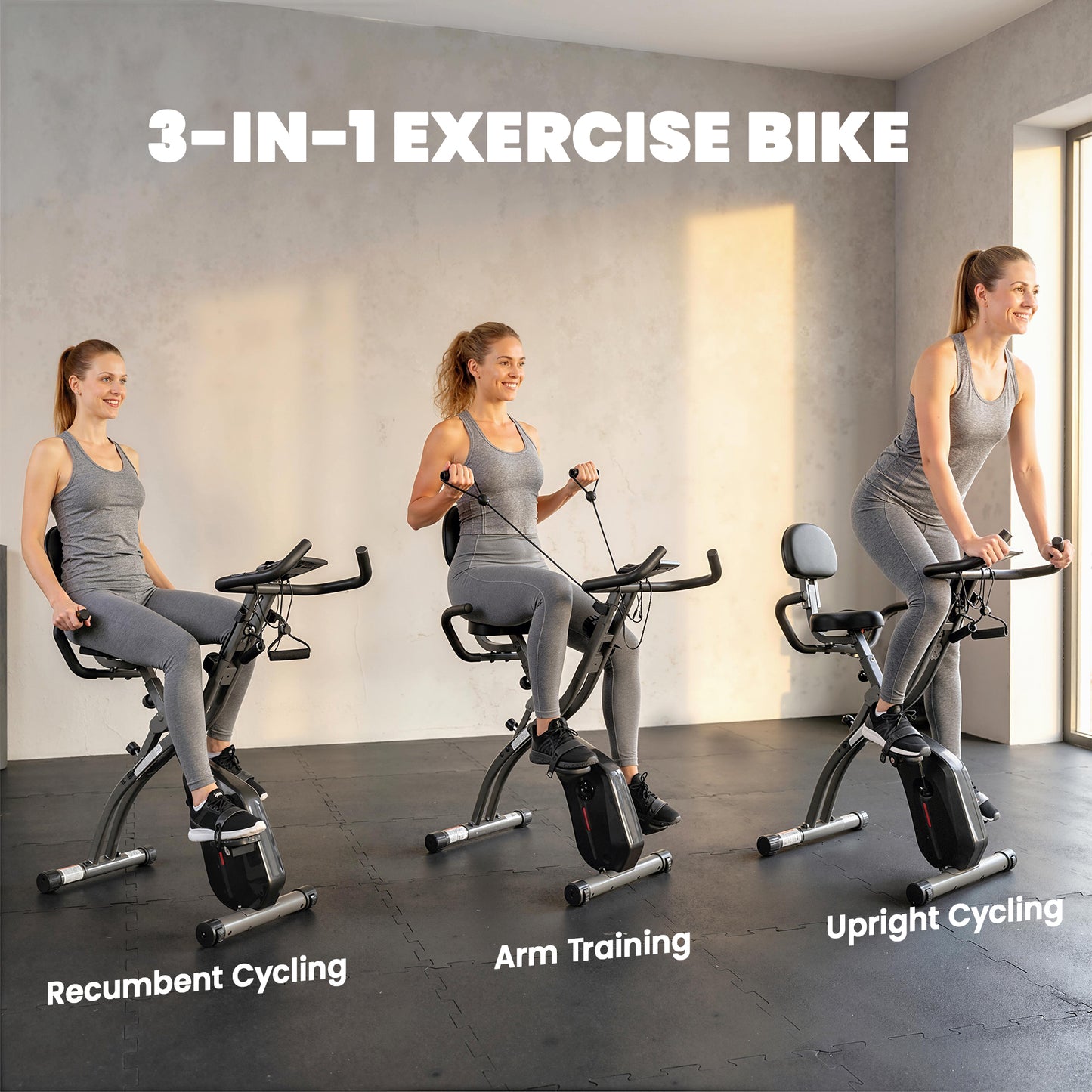 SPORTNOW 4-In-1 Folding Exercise Bike with Resistance Bands, Bluetooth App, 8-Level Magnetic Resistance, LCD Display, Black