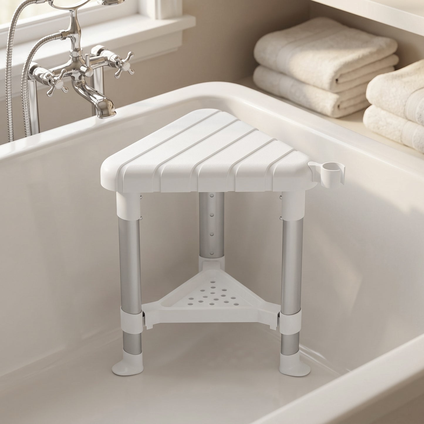 HOMCOM Shower Stool, Aluminium Alloy Corner Shower Chair with Storage Shelf and HDPE Seat, Adjustable Height, White