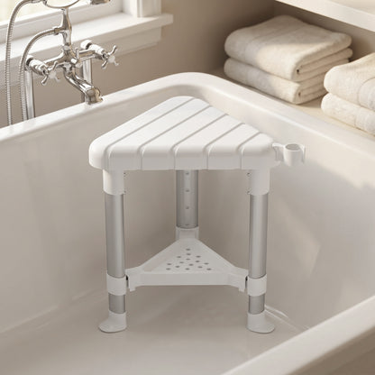 HOMCOM Shower Stool, Aluminium Alloy Corner Shower Chair with Storage Shelf and HDPE Seat, Adjustable Height, White