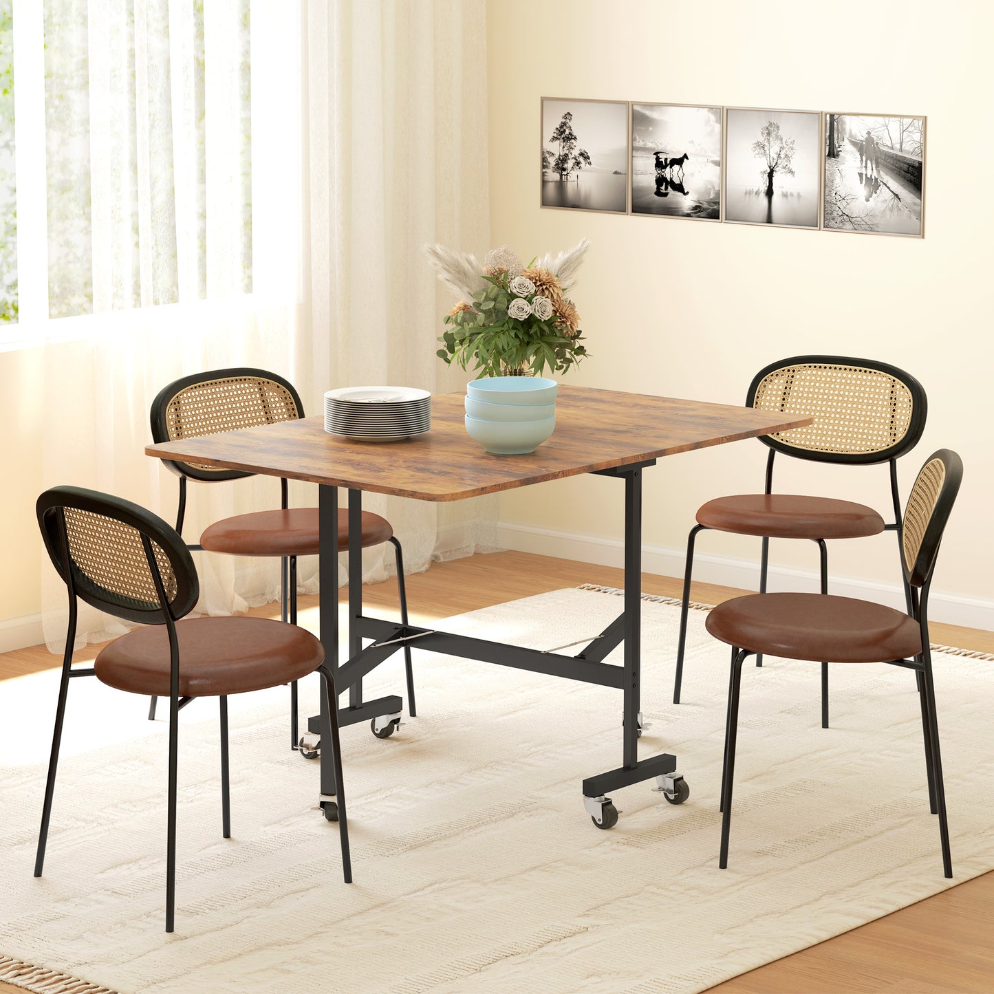 HOMCOM Six-Seater Drop-Leaf Dining Table, with Wheels - Brown Wood-Effect-Kitchen & Dining Room Tables-ChewyGames-ChewyGames