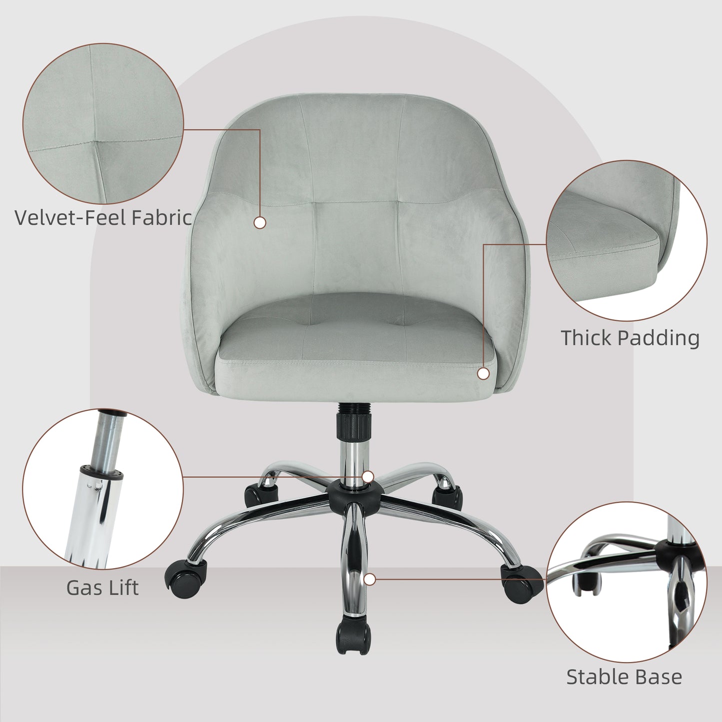 HOMCOM 46-56 cm Velvet-feel Office Chair - Grey