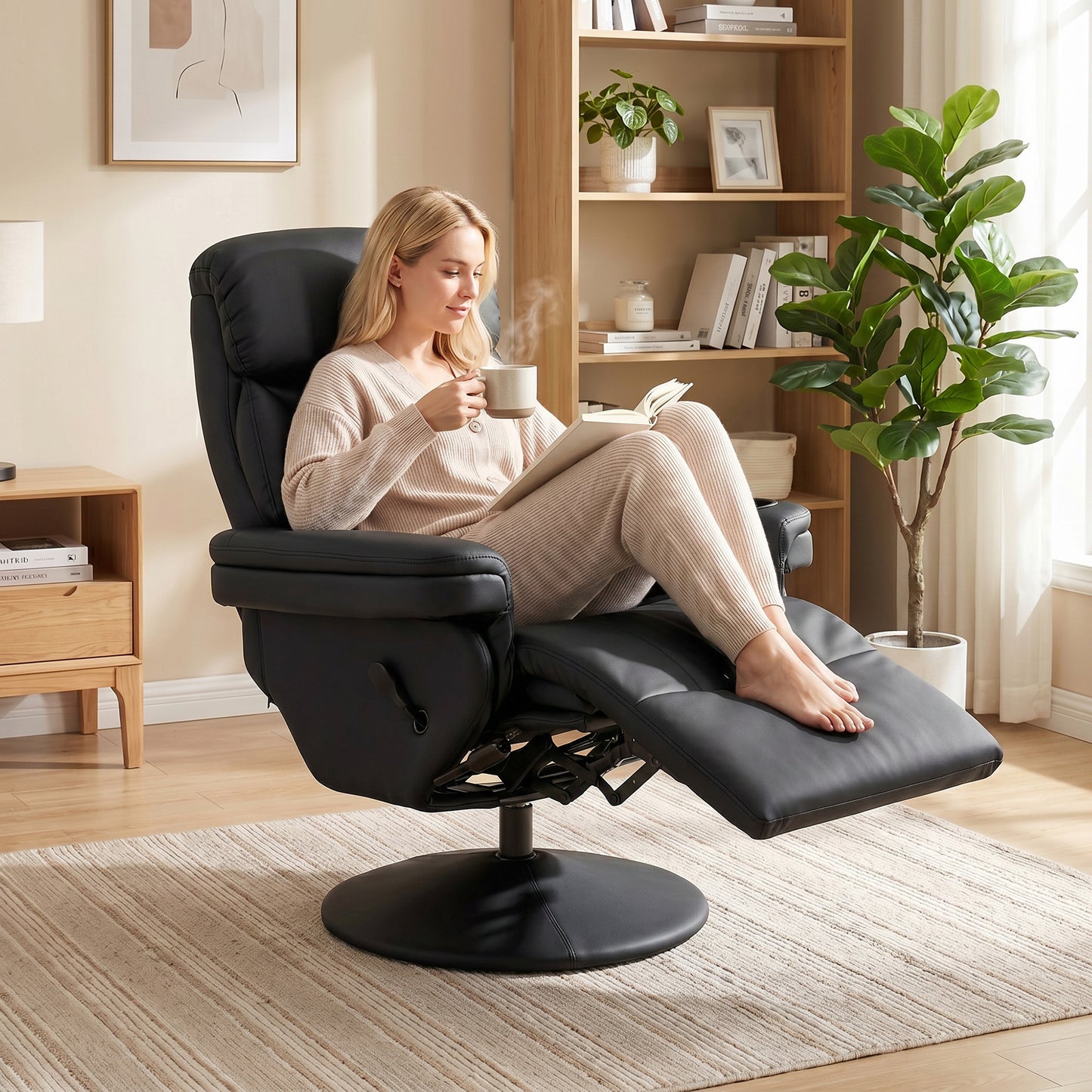 HOMCOM Upholstered Reclining Armchair, Manual Recliner Chair with Footrest and Adjustable Backrest, Black