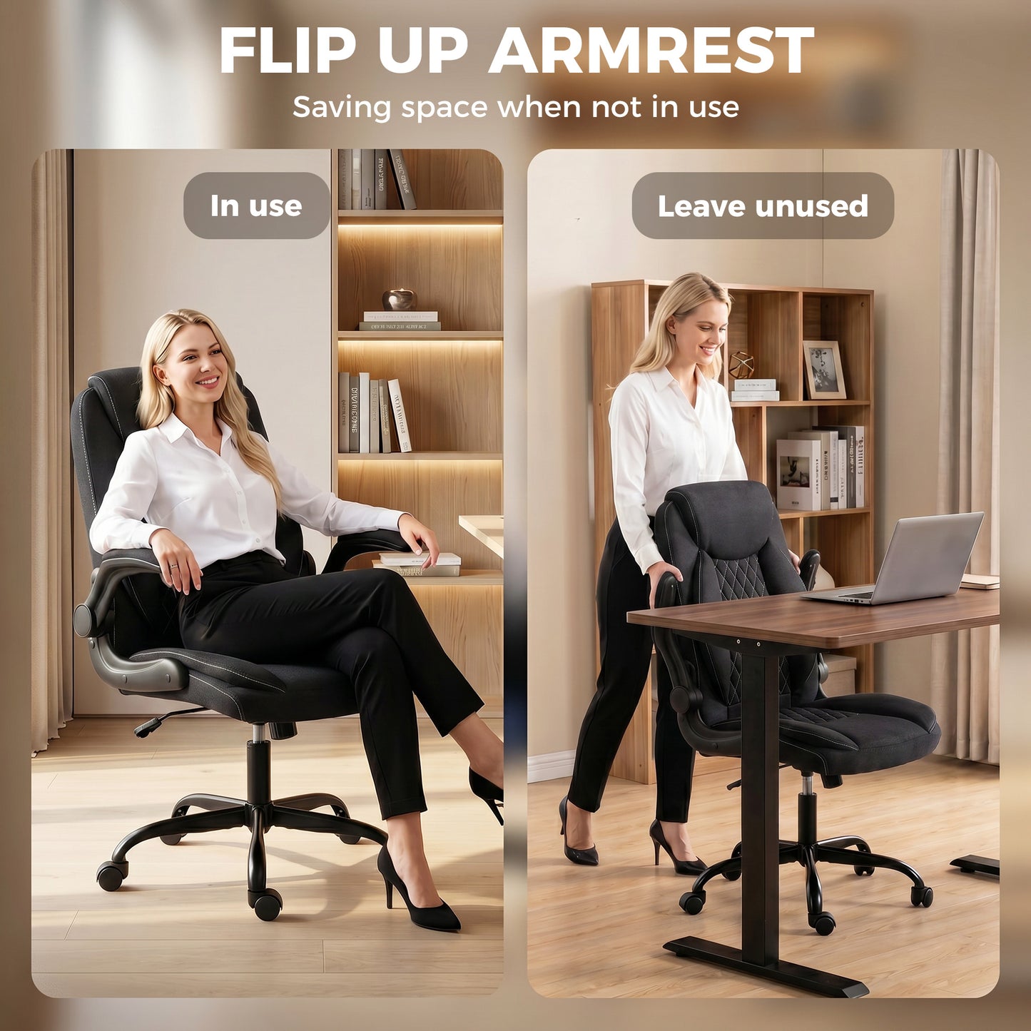 HOMCOM Linen-Look Computer Desk Chair, Executive Office Chair with Flip-Up Armrests and Thick Cushion, Black