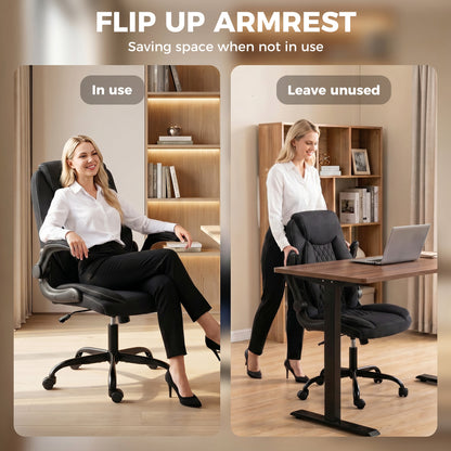 HOMCOM Linen-Look Computer Desk Chair, Executive Office Chair with Flip-Up Armrests and Thick Cushion, Black
