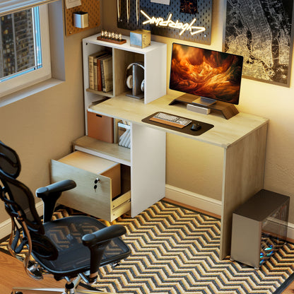 HOMCOM Computer Desk, Office Desk with Bookshelf, File Drawer and Legal Hanging File Holders, Oak Wood Effect