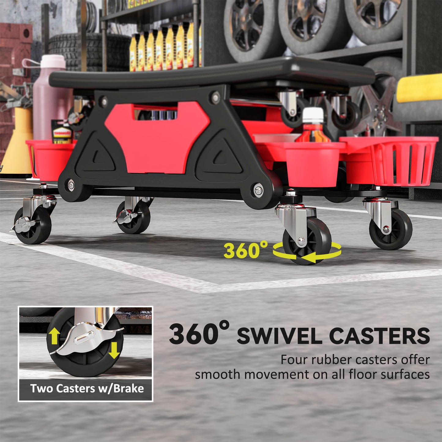 HOMCOM Rolling Mechanic Stool, 135kg Capacity Workshop Stool with 360° Swivel Wheels, Roller Creeper Seat with Slide Out Tool Trays, Drawer, Bottle Holders for Garage, Shop, Auto Repair, Red