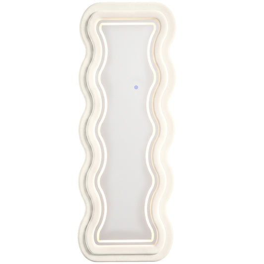 HOMCOM Full Length Mirror, 160 x 60 cm Wavy Full Body Wall Standing Mirror with Velvet Frame and LED Light Strip, Cream White