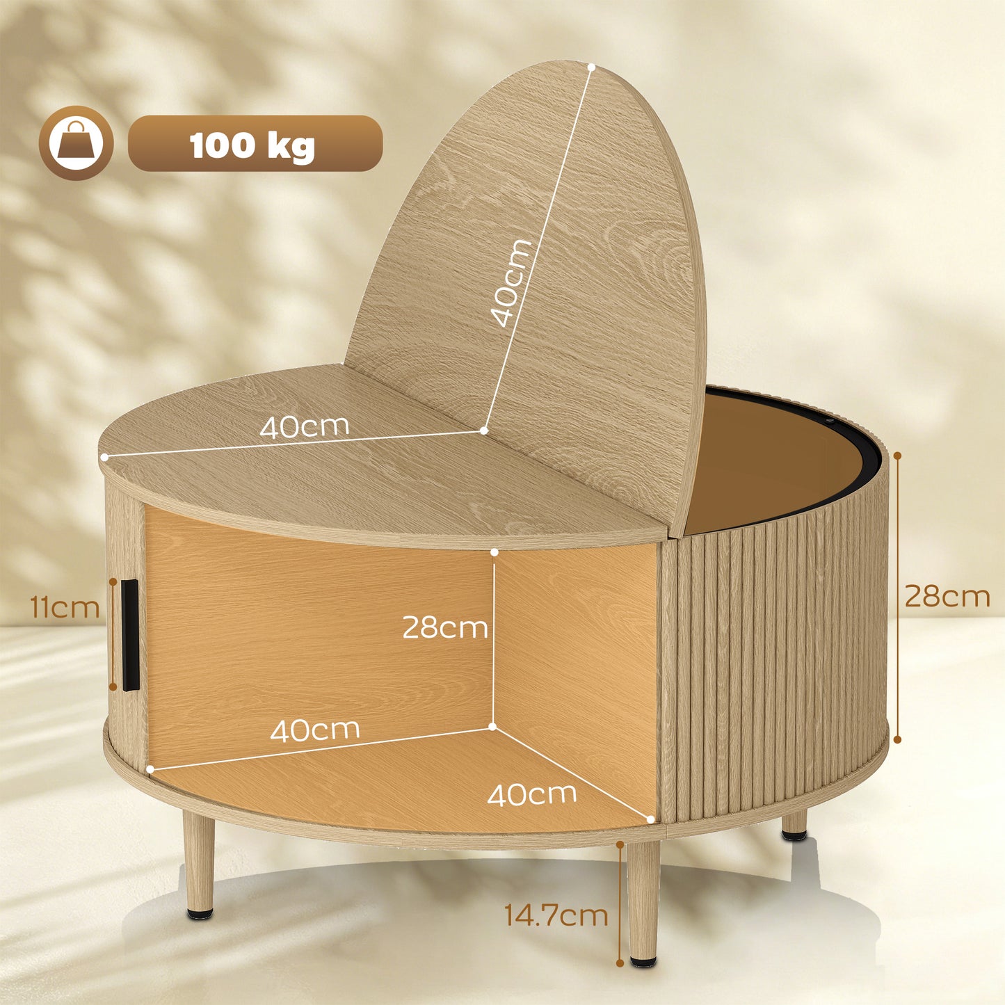 HOMCOM Coffee Table with Lift Top and Hidden Storage, Round Centre Table with Fluted Sliding Door, 80 cm, Natural Wood