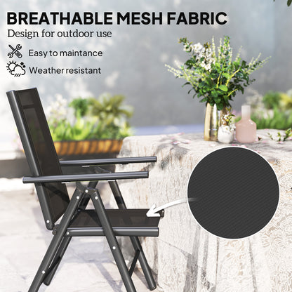 Outsunny Set of 2 Folding Garden Chairs, Aluminium Frame Outdoor Dining Chairs with Breathable Mesh Back and Seat, Garden Folding Chair Set with Armrests for Balcony, Black