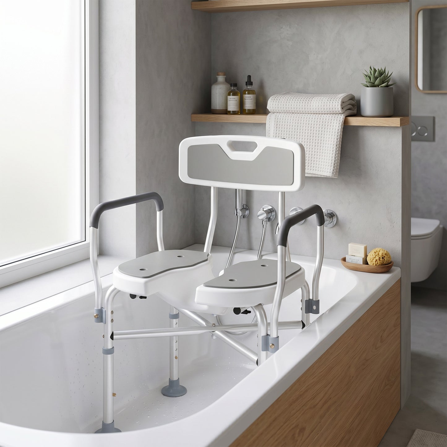 HOMCOM Shower Chair with Hygiene Cut-Out Seat and Reinforced Crossbars, Height Adjustable Padded Bath Chair with Non-slip Feet for Elderly Seniors Disabled Handicap, Tool-Free Assembly, Grey