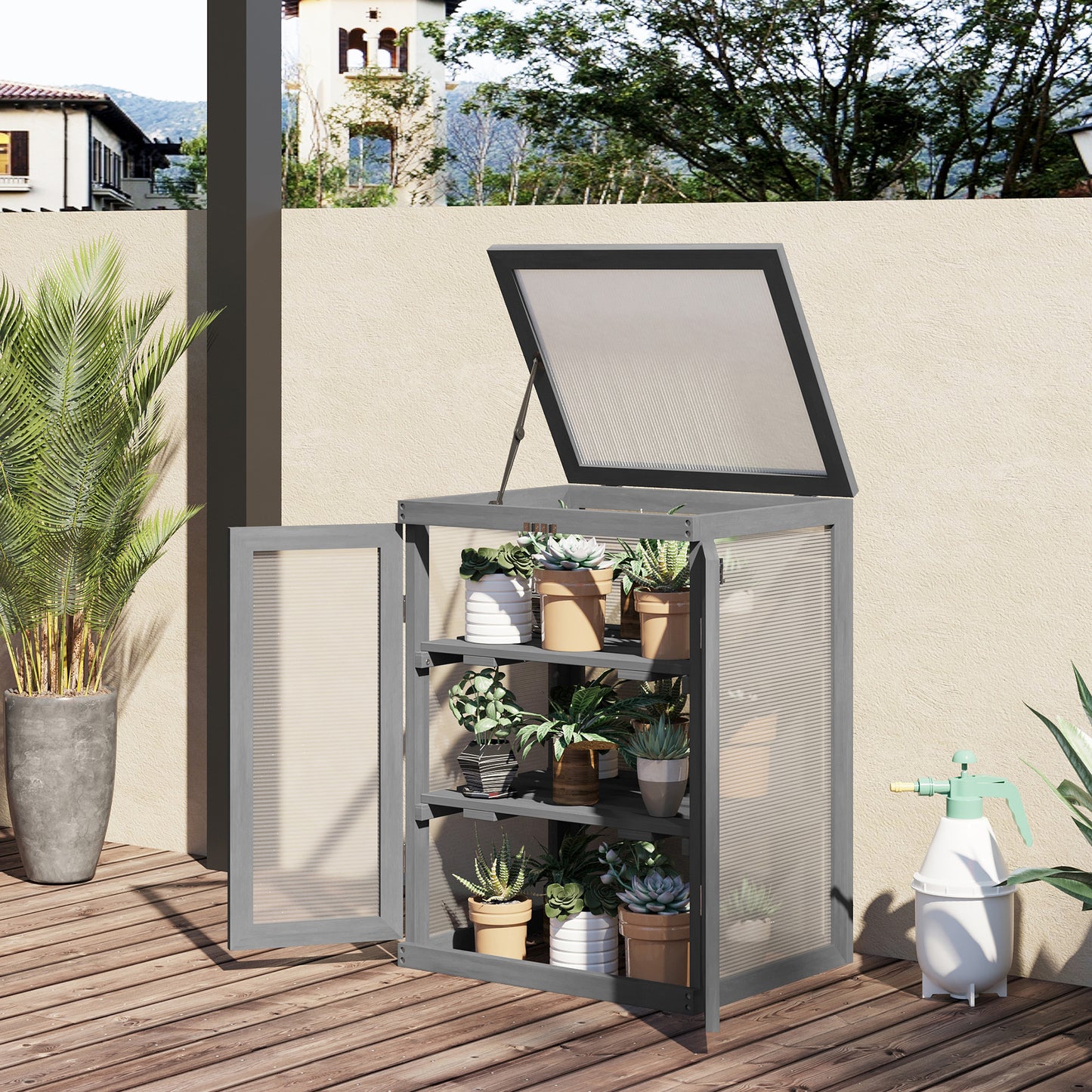 Outsunny 3-tier Wood Greenhouse Garden Polycarbonate Cold Frame Grow House w/ Storage Shelf, Dark Grey