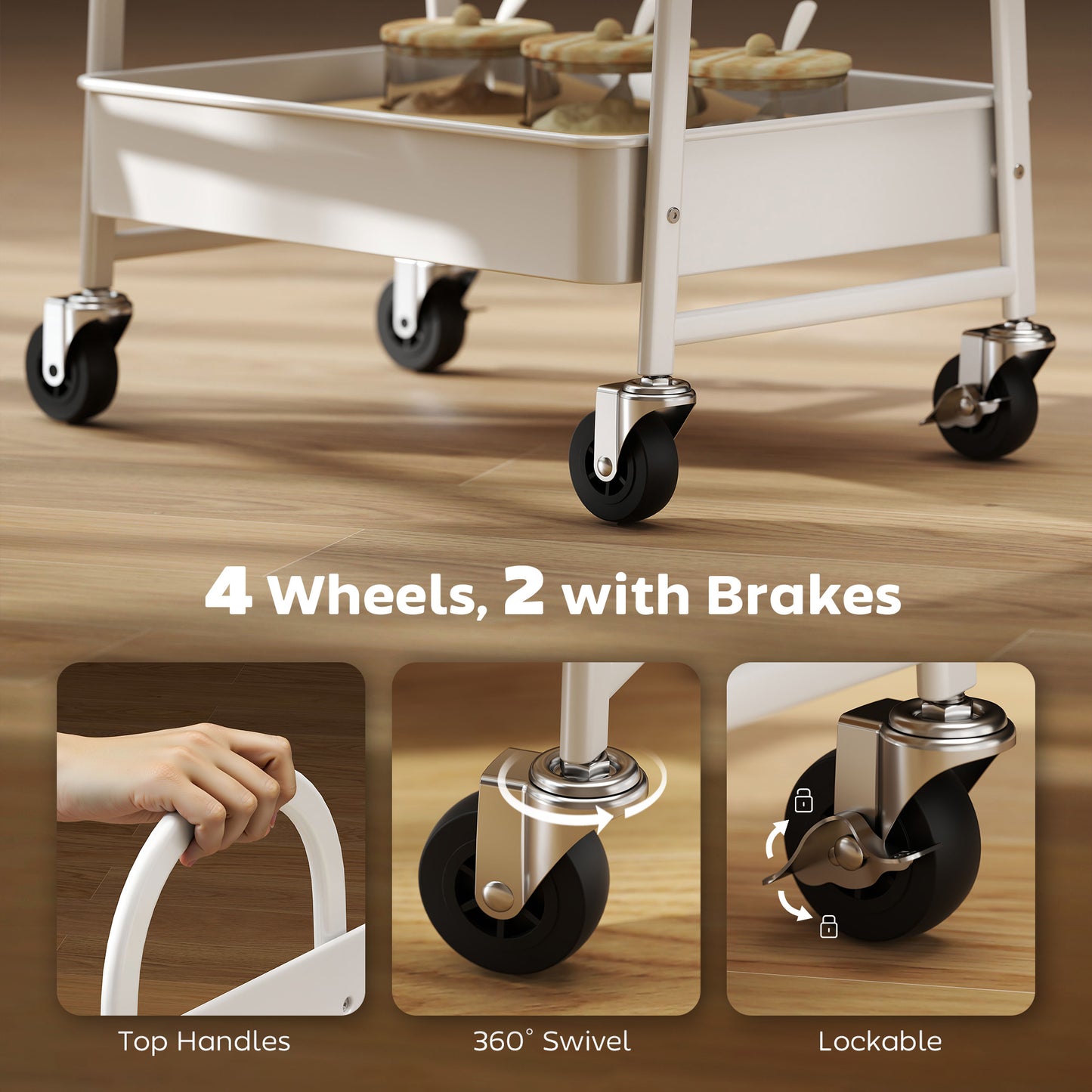 HOMCOM 3-Tier Kitchen Storage Trolley with on Wheels Cover Top Board - White and Oak