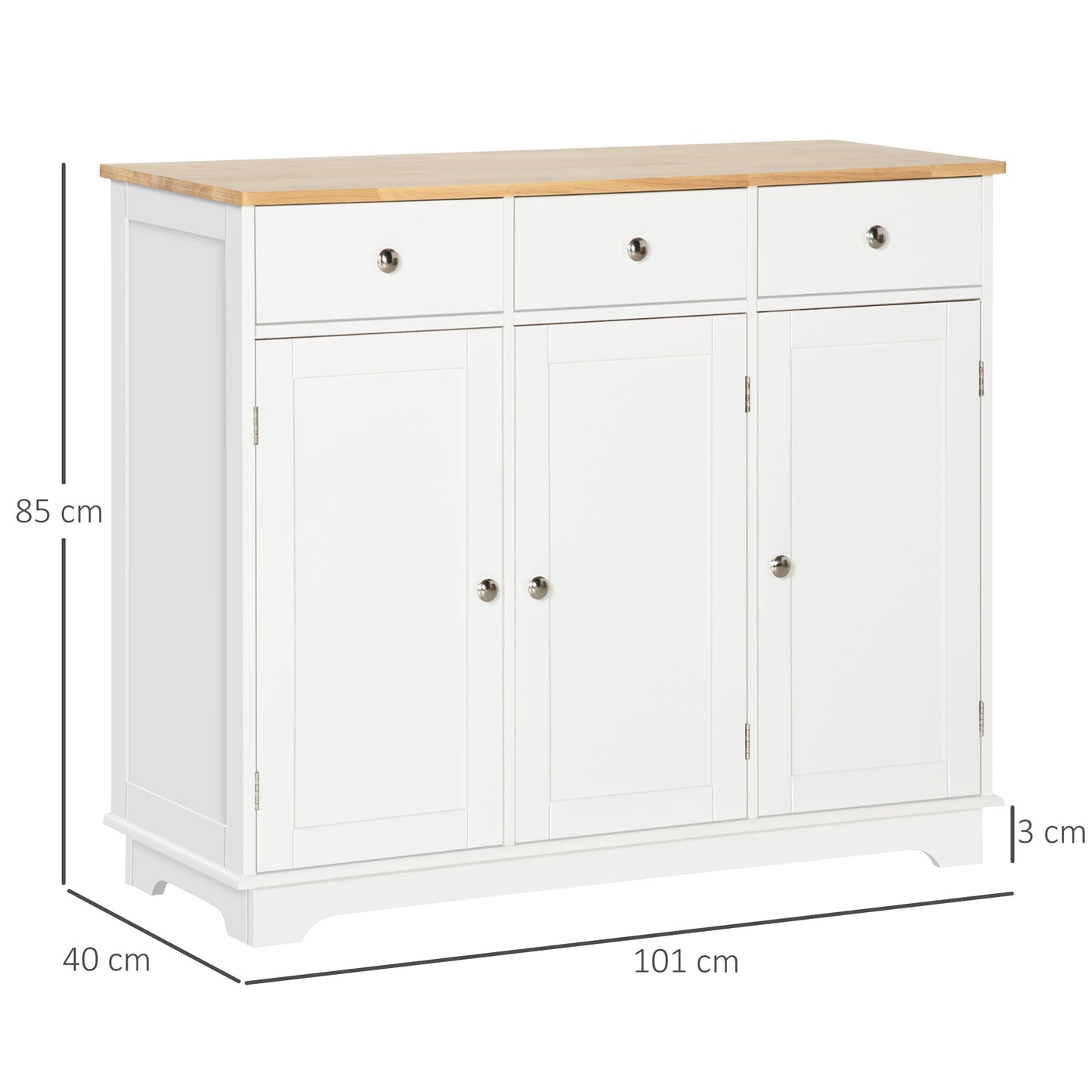 HOMCOM Sideboard with Rubber Wood Top, Modern Storage Cabinet with 3 Adjustable Shelves, White