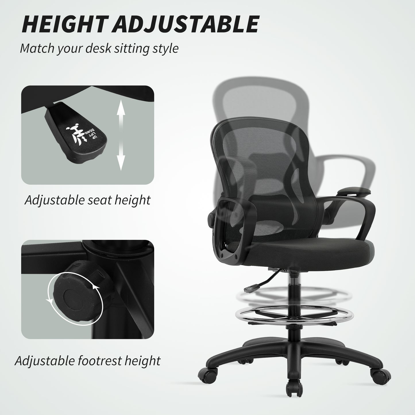Vinsetto Drafting Chair with Adjustable Footrest, Ergonomic Mesh Office Chair with Lumbar Support, Adjustable Height for Standing Desk, Black