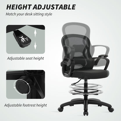 Vinsetto Drafting Chair with Adjustable Footrest, Ergonomic Mesh Office Chair with Lumbar Support, Adjustable Height for Standing Desk, Black