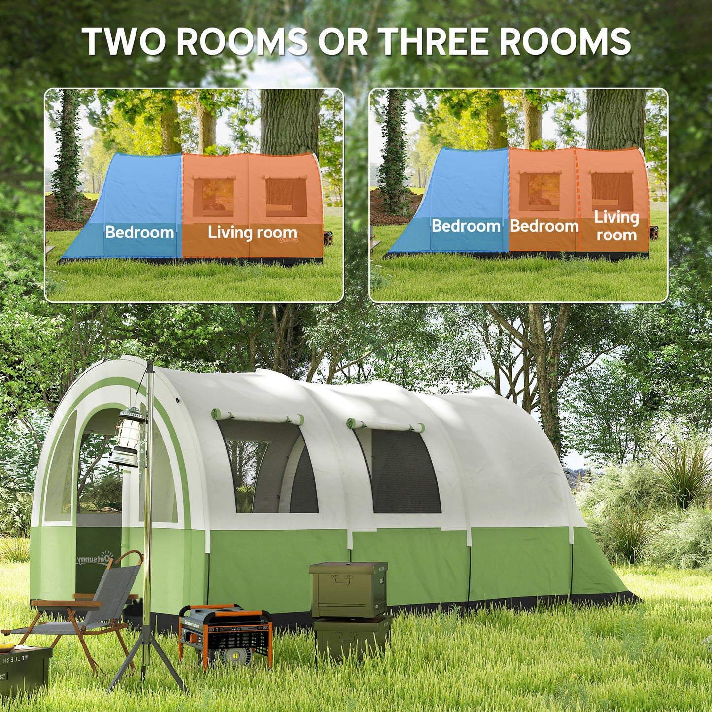 Outsunny 3000mm Waterproof Camping Tent, 5-6 Man Family Tent with Living and Bedroom, Carry Bag Included, Cream and Green
