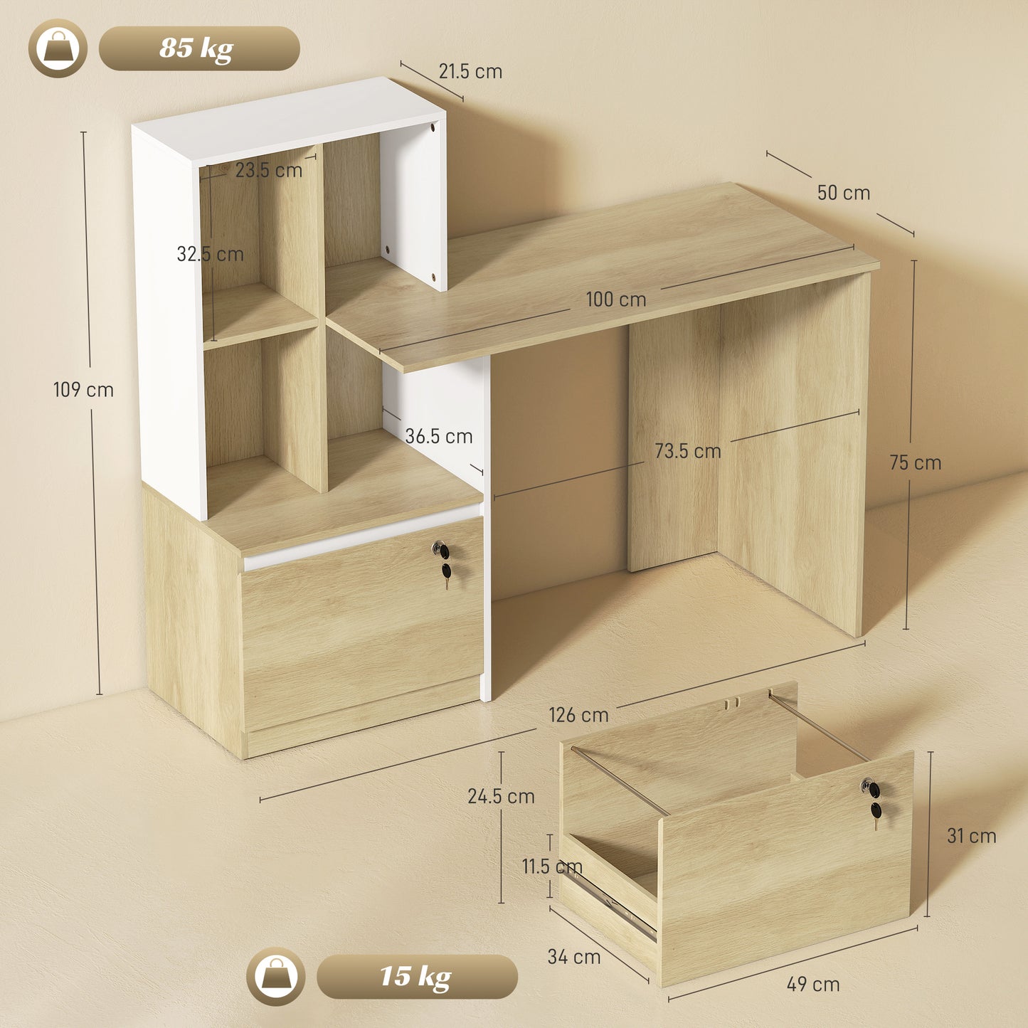 HOMCOM Computer Desk, Office Desk with Bookshelf, File Drawer and Legal Hanging File Holders, Oak Wood Effect