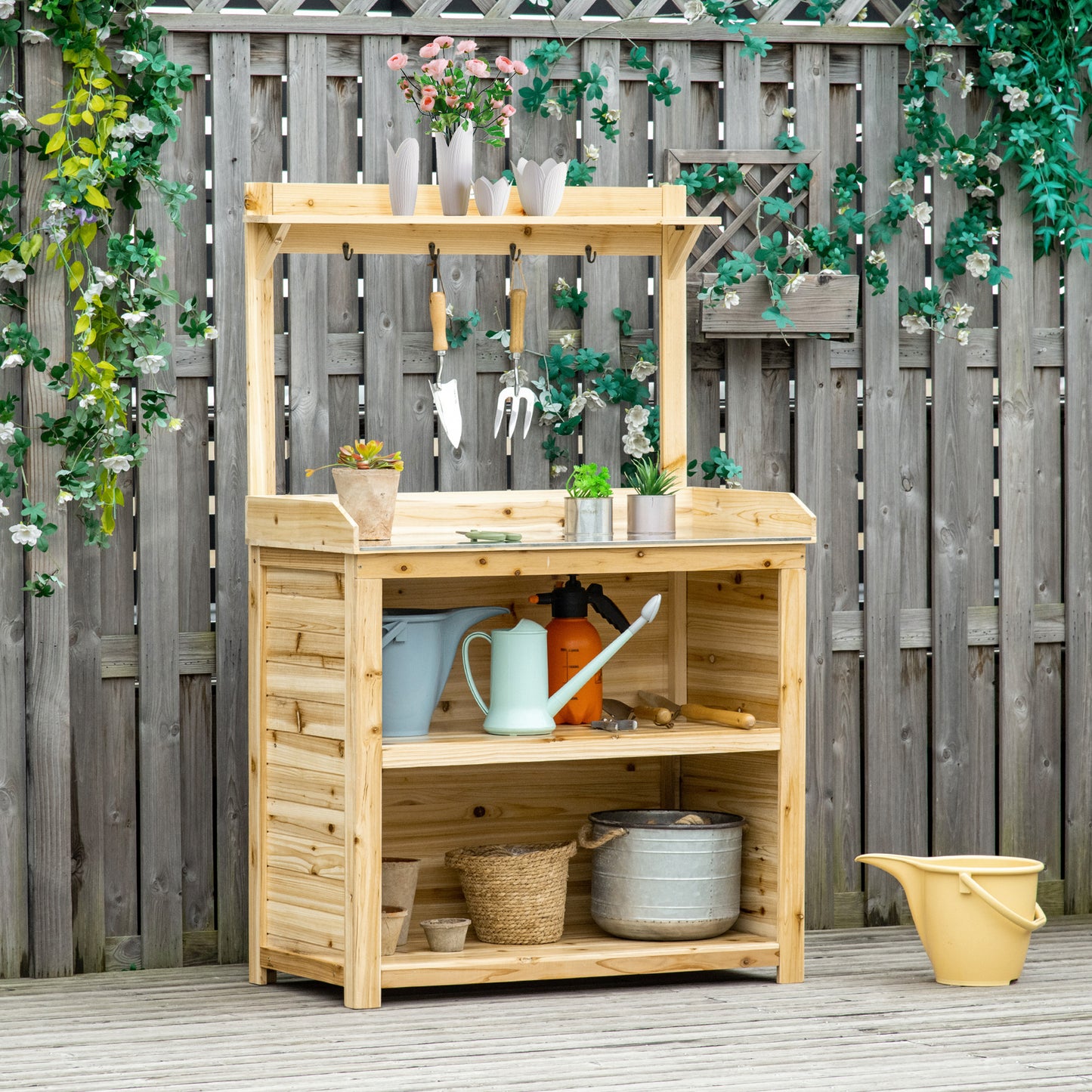 Outsunny Garden Potting Bench Table, Wooden Workstation Bench w/ Galvanized Metal Tabletop, Storage Shelves and Hooks, Natural