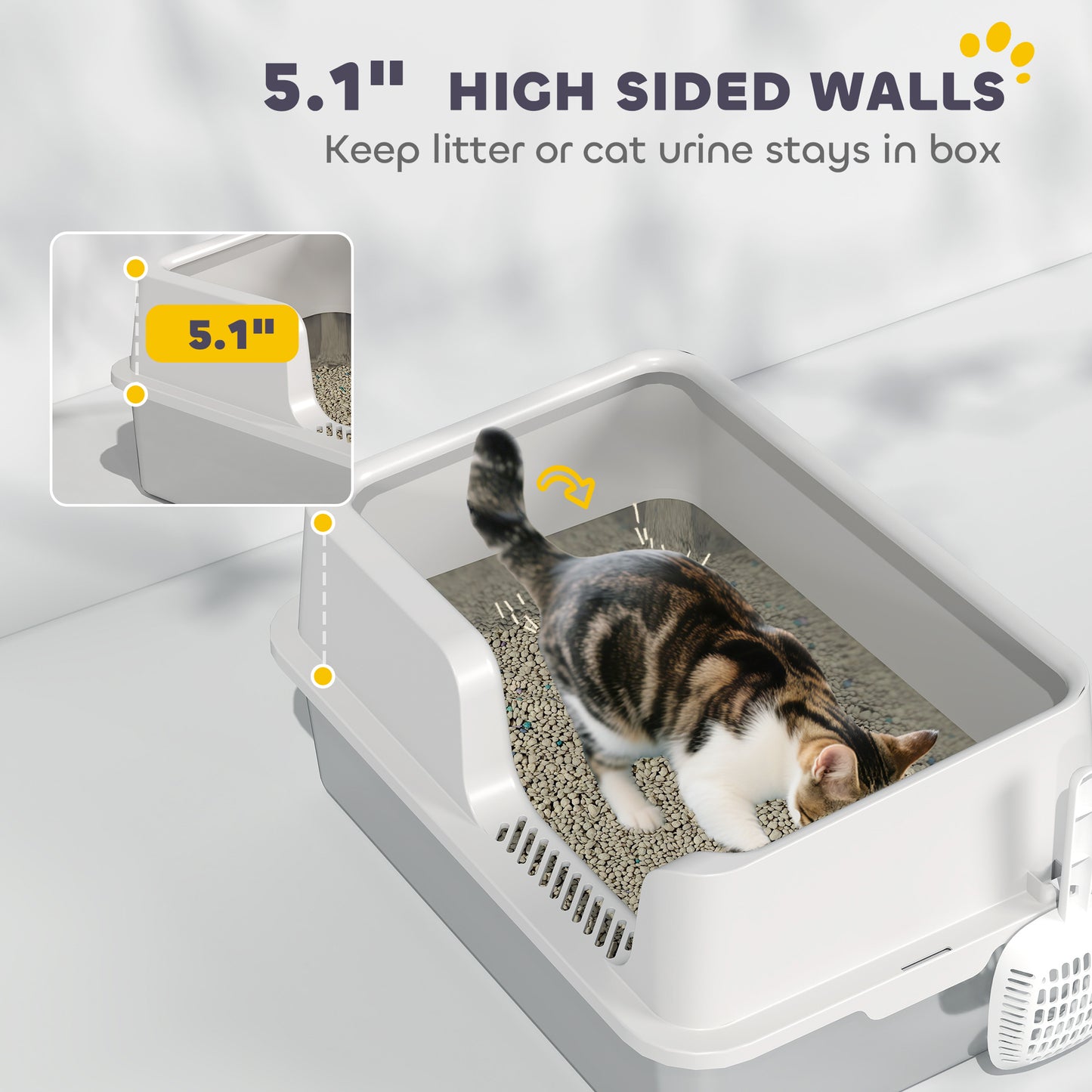 PawHut Stainless Steel Litter Box with Detachable Rim, Scoop, Easy Cleaning, Odour-Resistant, 60 x 40 x 28 cm