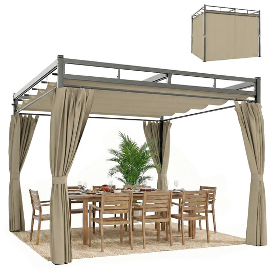 Outsunny 3 x 3 m Pergola with Retractable Roof Canopy and Curtains, UPF30+ Metal Frame Garden Pergola Gazebo Sun Shade, Khaki