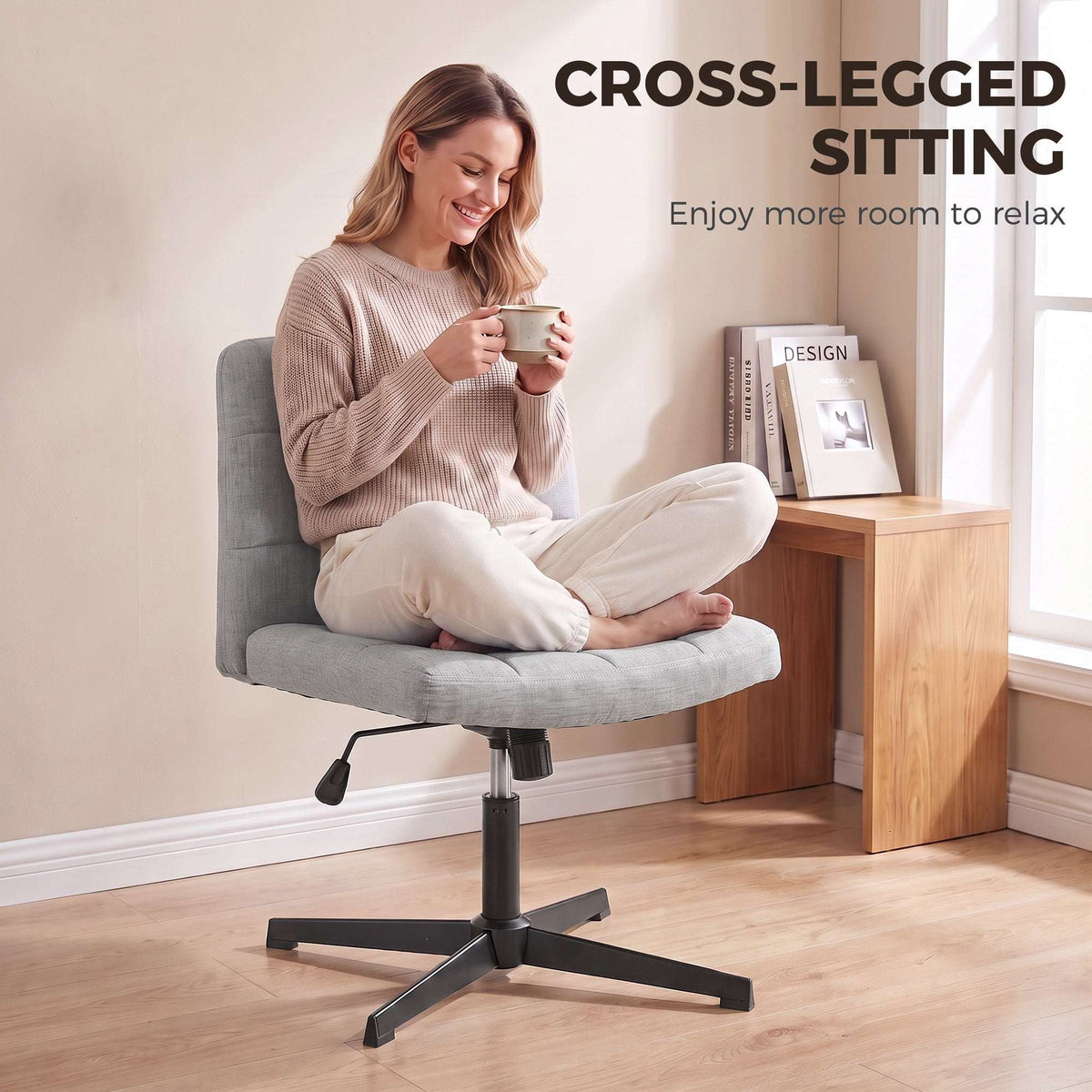 HOMCOM Armless Office Chair, Cross Legged Linen Computer Desk Vanity Chair with Wide Seat, Rocking Function, Grey