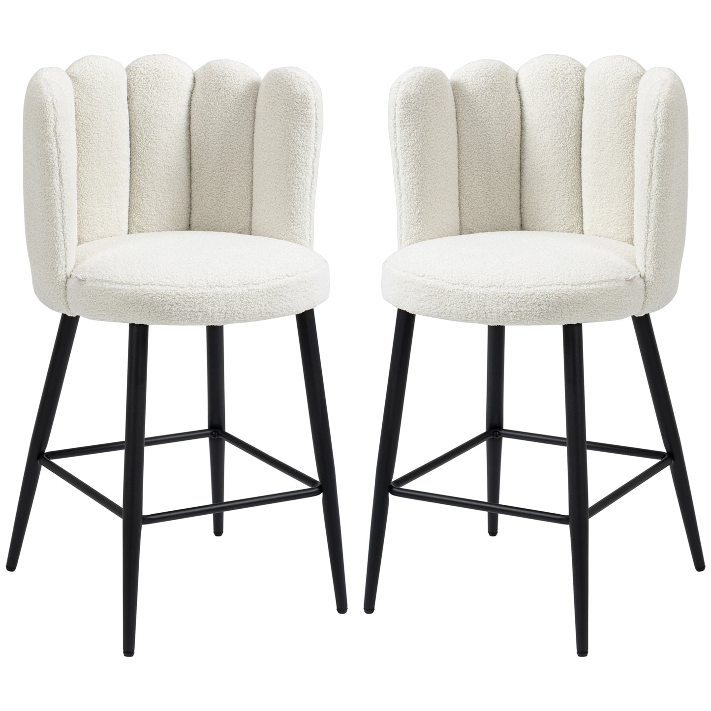 HOMCOM Bar Stools Set of 2, Modern Boucle Upholstered Shell Barstools, Breakfast Bar Chairs with Backrest, Footrest and Steel Base for Kitchen Counter, Cream