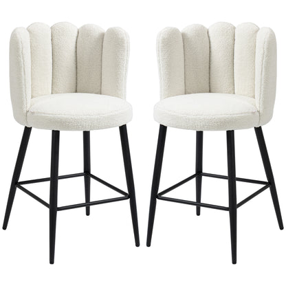 HOMCOM Bar Stools Set of 2, Modern Boucle Upholstered Shell Barstools, Breakfast Bar Chairs with Backrest, Footrest and Steel Base for Kitchen Counter, Cream