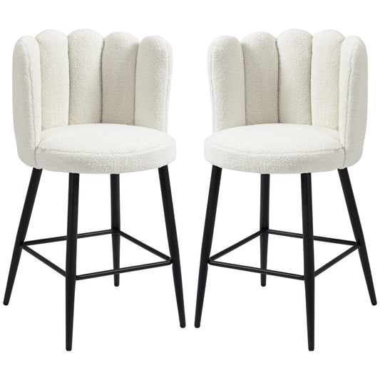 HOMCOM Bar Stools Set of 2, Modern Boucle Upholstered Shell Barstools, Breakfast Bar Chairs with Backrest, Footrest and Steel Base for Kitchen Counter, Cream