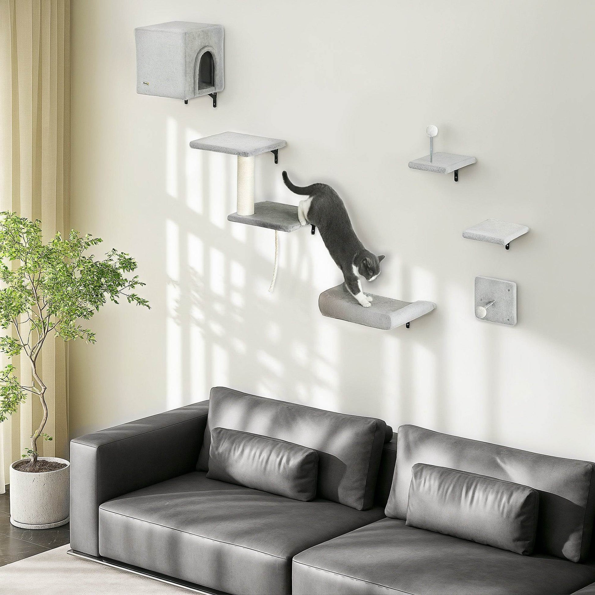PawHut 6-Piece Cat Wall Shelves Set with Condo, Cat Wall Furniture with Platforms, Sisal Scratching Post, Bed, Toy Ball, Grey