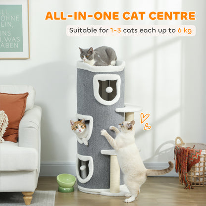 PawHut 101 cm Cat Tree with Sisal Scratching Posts, 3 Barrel Condos, 3 Platforms, for Indoor Cats to Rest and Play