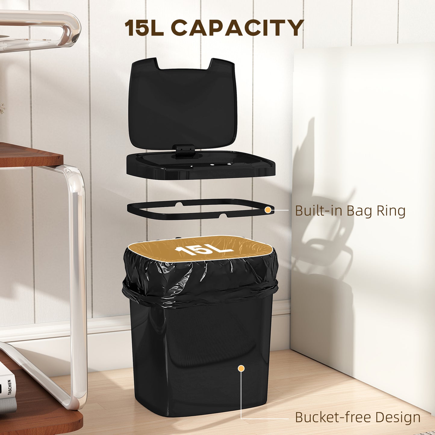 HOMCOM 15L Sensor Bin, Automatic Touchless Kitchen Bin, Easy Clean, Battery Operated for Home Office, Bedroom, Bathroom, Black--ChewyGames-ChewyGames