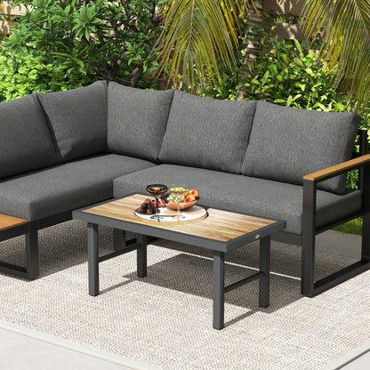 Outsunny Metal Garden Coffee Table, Outdoor Side Table with SPC Woodgrain Tabletop for Outside, Garden, Balcony, Porch, 100 x 53 x 46cm, Brown