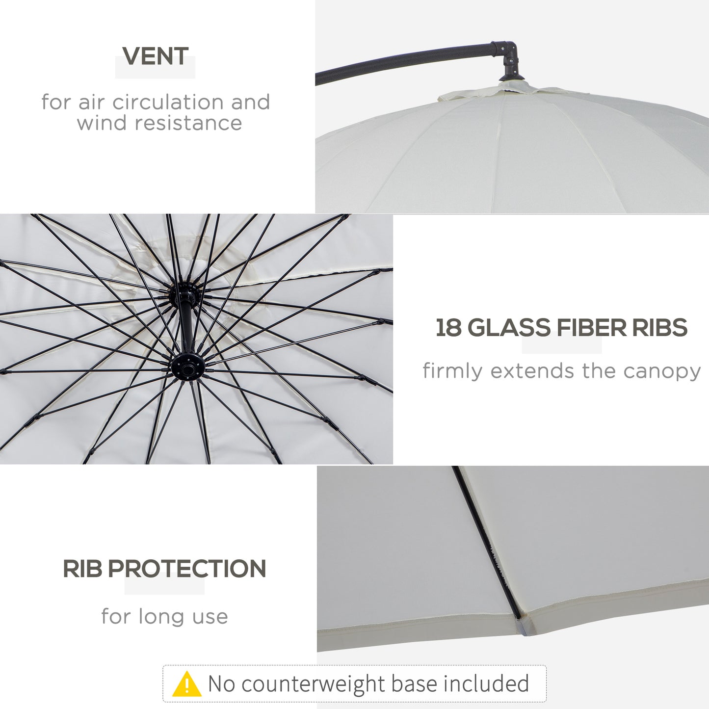 Outsunny 3(m) Cantilever Umbrella 18 Ribs & Vents Adjustable Angle for Patio Cream White